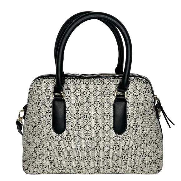 Nanette Lepore Gray Black Logo Print Zip Top Dome Satchel Crossbody Bag - Picture 4 of 13